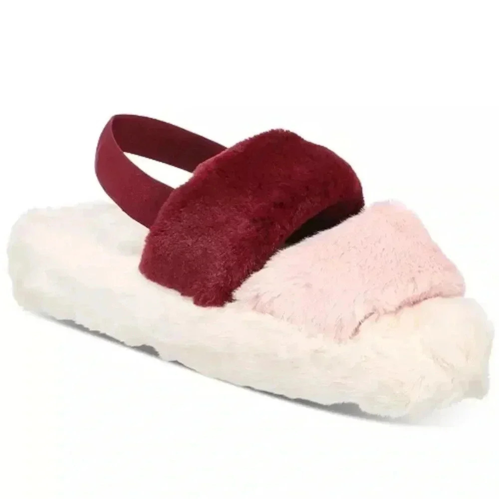 Jenni Women’s Faux Fur Colorblock  Fuzzy Slippers Slides Sandals Sz L (9-10) NIB
